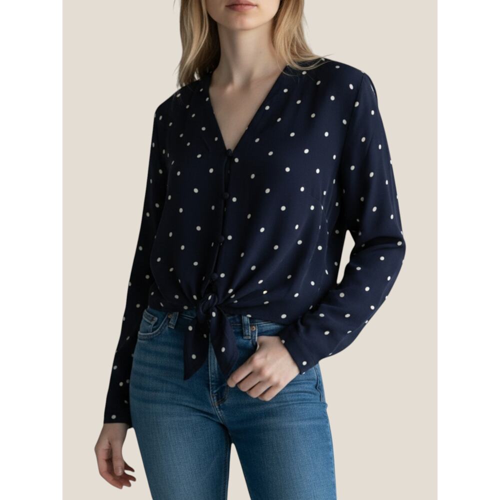 Rails Sloane Navy White Polka Dot Tie Front Blouse Small